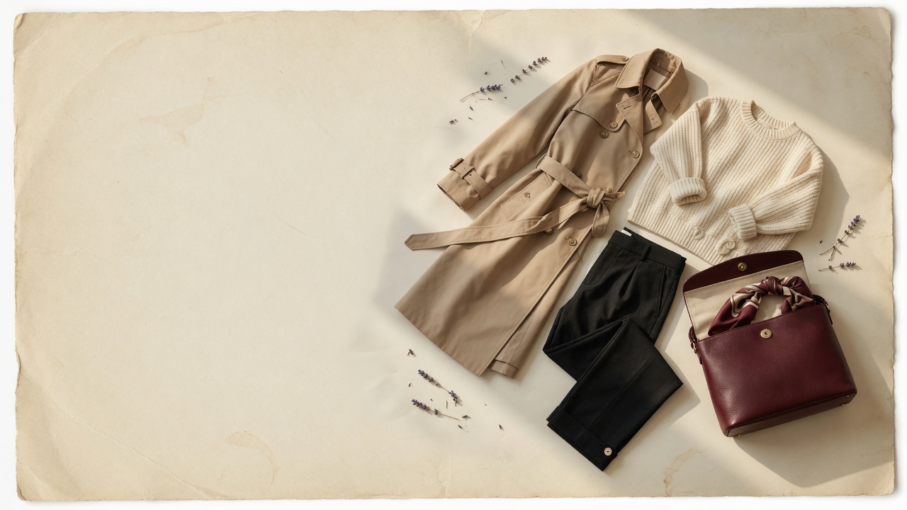 Editorial still life of a trench, knit, trousers, and oxblood bag